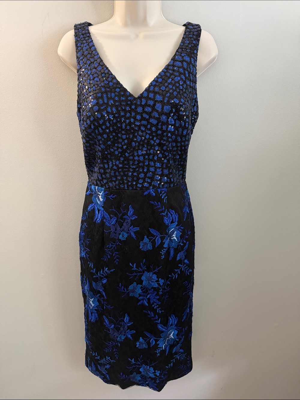 David Meister Blue and Black Sequined and Embroidered V-Neck Midi Dress